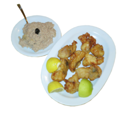 Stockfisch mit Skordalia, doppelte Portion.